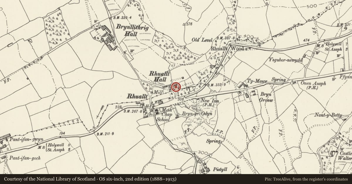 Ordnance Survey six-inch map, 2nd edition (1888–1913) covering the location of Steps and gatepiers of Rhuallt Hall, Cwm, Denbighshire, with a pin at the register's coordinates