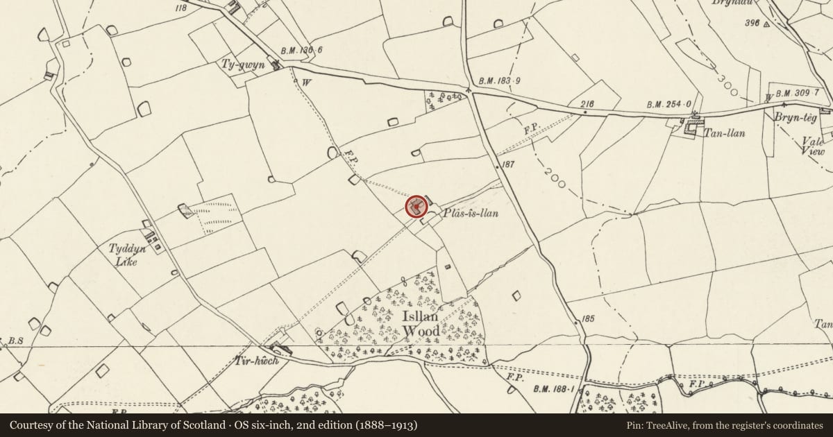 Ordnance Survey six-inch map, 2nd edition (1888–1913) covering the location of Plas-is-llan West Agricultural Range, Cwm, Denbighshire, with a pin at the register's coordinates