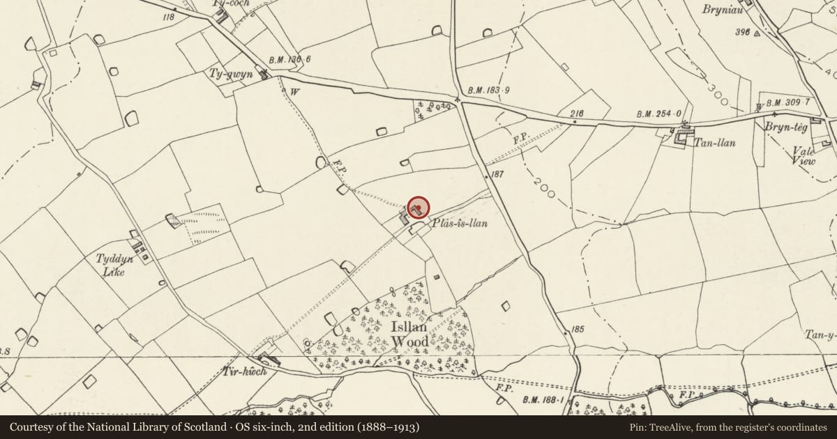 Ordnance Survey six-inch map, 2nd edition (1888–1913) covering the location of Plas-is-llan East Agricultural Range (now Domestic Units), Cwm, Denbighshire, with a pin at the register's coordinates