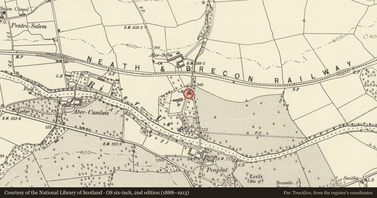 Ordnance Survey six-inch map, 2nd edition (1888–1913) covering the location of Garden Cottage, Trallong, Powys, with a pin at the register's coordinates