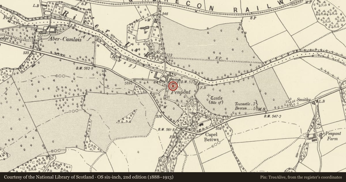 Ordnance Survey six-inch map, 2nd edition (1888–1913) covering the location of Sundial on lawn to S of Penpont, Trallong, Powys, with a pin at the register's coordinates