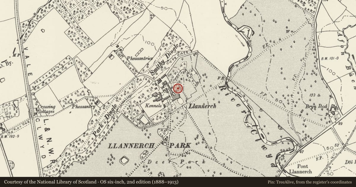 Ordnance Survey six-inch map, 2nd edition (1888–1913) covering the location of Temple, Loggia and Terraces to E of Llannerch Hall including Gates and Walls to Forecourt, Trefnant, Denbighshire, with a pin at the register's coordinates