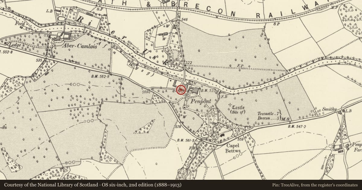 Ordnance Survey six-inch map, 2nd edition (1888–1913) covering the location of Workshop block at Penpont, Trallong, Powys, with a pin at the register's coordinates