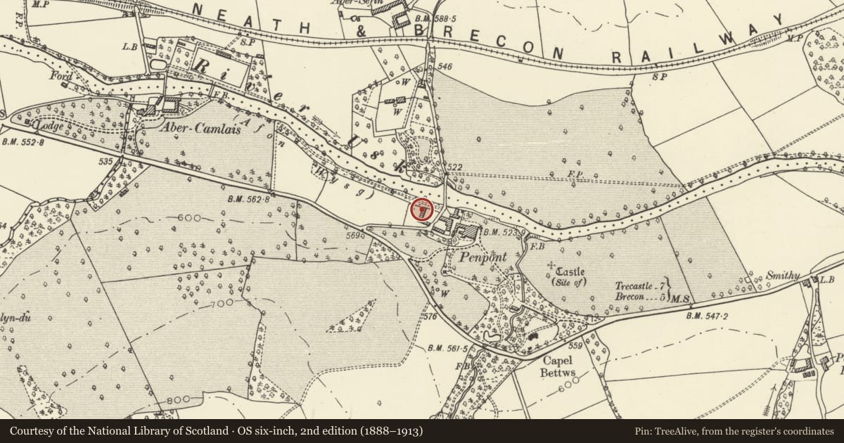 Ordnance Survey six-inch map, 2nd edition (1888–1913) covering the location of Hay Barn at Penpont, Trallong, Powys, with a pin at the register's coordinates