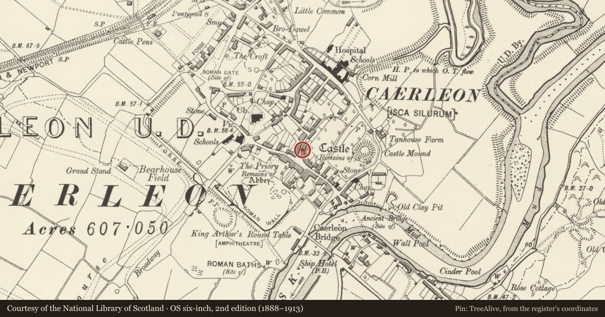 Ordnance Survey six-inch map, 2nd edition (1888–1913) covering the location of 19 Cross Street, Caerleon, Newport, with a pin at the register's coordinates