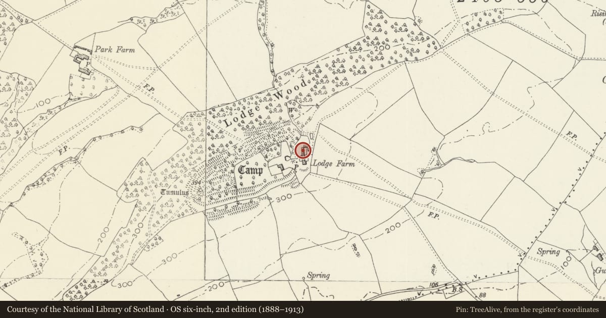 Ordnance Survey six-inch map, 2nd edition (1888–1913) covering the location of Lodge Farm Evangelical Church, Caerleon, Newport, with a pin at the register's coordinates