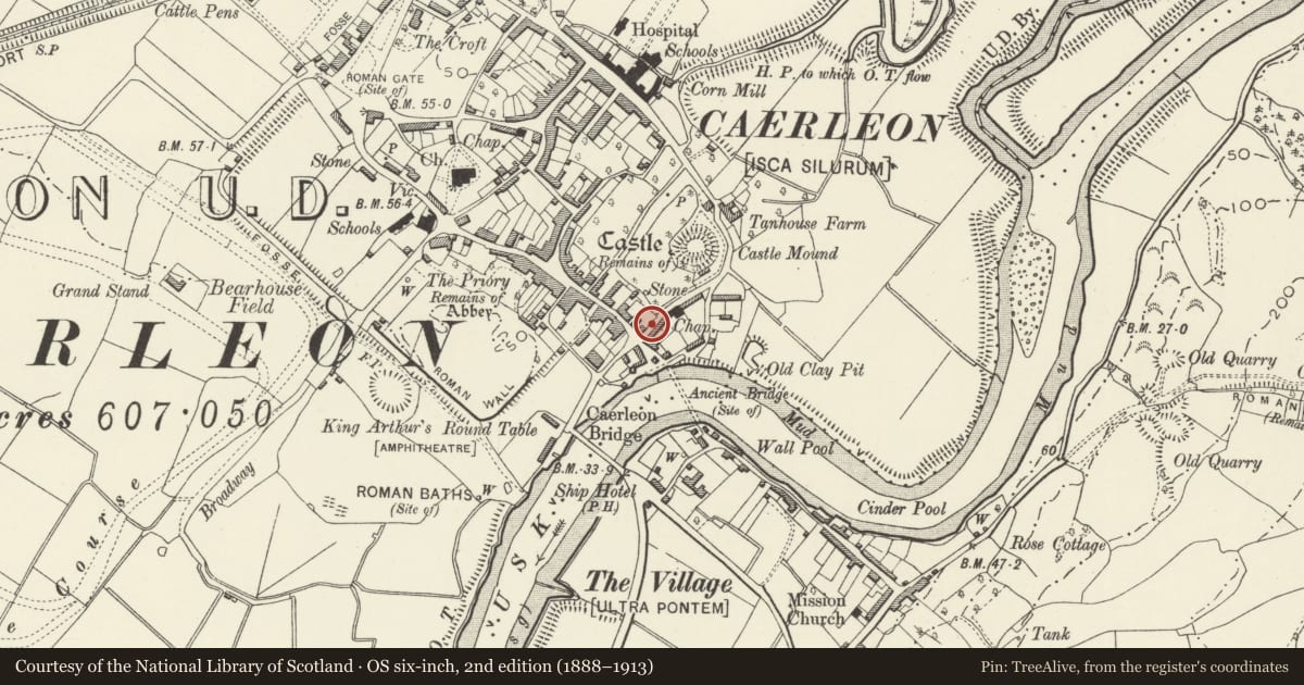 Ordnance Survey six-inch map, 2nd edition (1888–1913) covering the location of Garden Wall of The Priest's House, Caerleon, Newport, with a pin at the register's coordinates