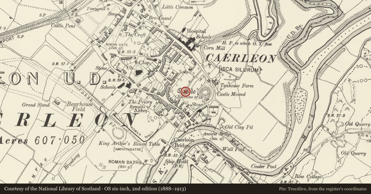Ordnance Survey six-inch map, 2nd edition (1888–1913) covering the location of Garden Wall of The Mynde, Caerleon, Newport, with a pin at the register's coordinates
