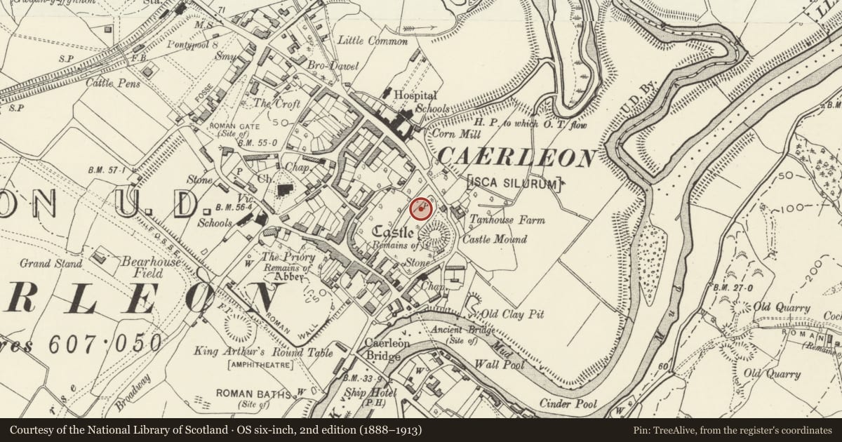 Ordnance Survey six-inch map, 2nd edition (1888–1913) covering the location of Garden Wall of Castle Acre, Caerleon, Newport, with a pin at the register's coordinates