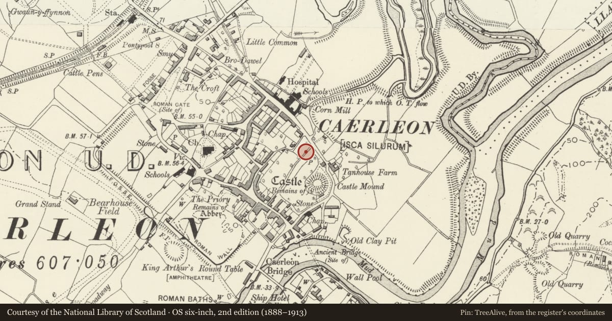 Ordnance Survey six-inch map, 2nd edition (1888–1913) covering the location of Garden Wall of Pen-y-mynde, Caerleon, Newport, with a pin at the register's coordinates