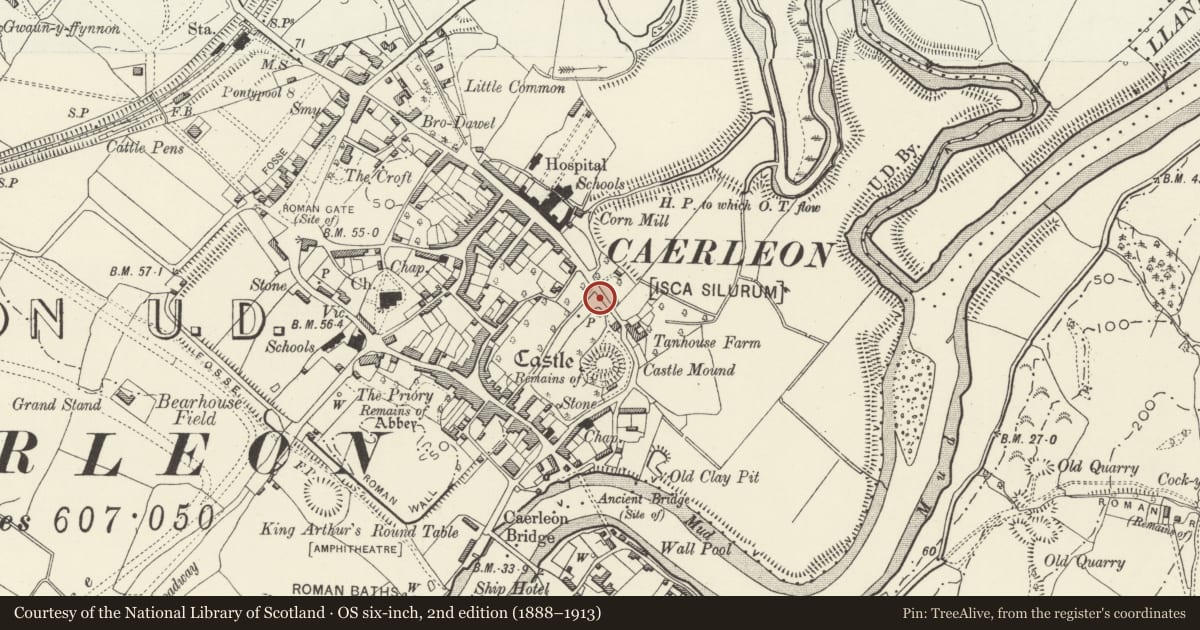 Ordnance Survey six-inch map, 2nd edition (1888–1913) covering the location of Garden Wall of Pen-y-mynde, Caerleon, Newport, with a pin at the register's coordinates
