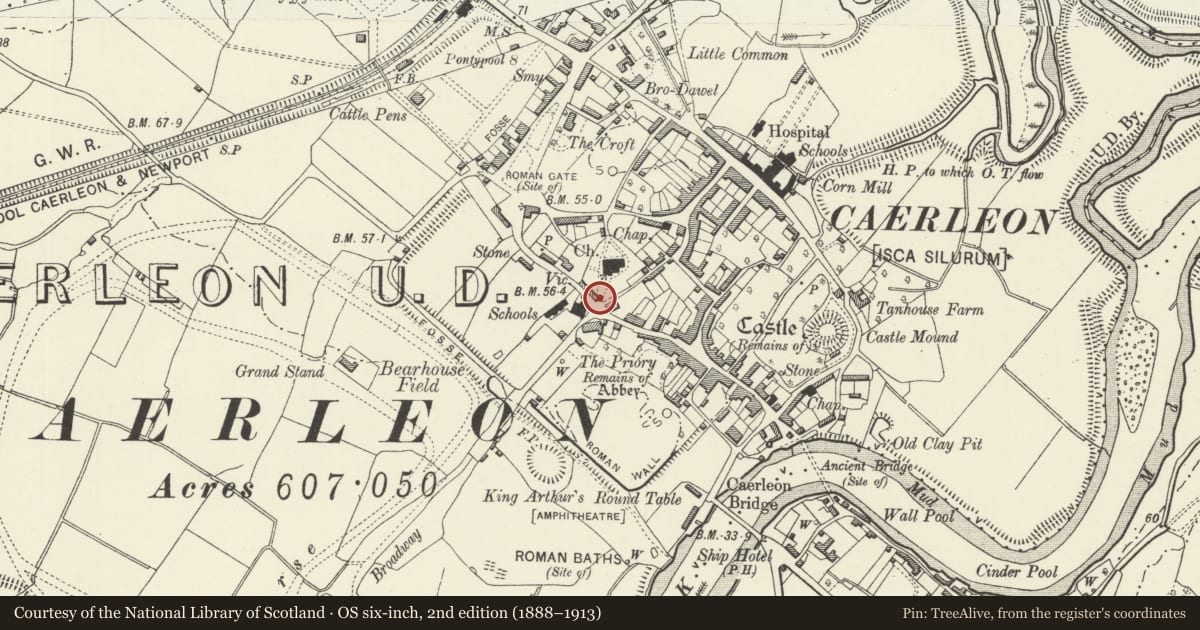 Ordnance Survey six-inch map, 2nd edition (1888–1913) covering the location of Lych Gate of the Church of St Cadoc, Caerleon, Newport, with a pin at the register's coordinates