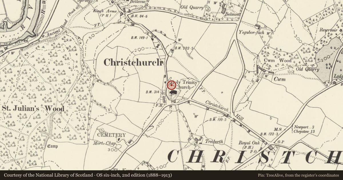 Ordnance Survey six-inch map, 2nd edition (1888–1913) covering the location of Monument of James Rennie in the Churchyard of the Church of the Holy Trinity, Caerleon, Newport, with a pin at the register's coordinates