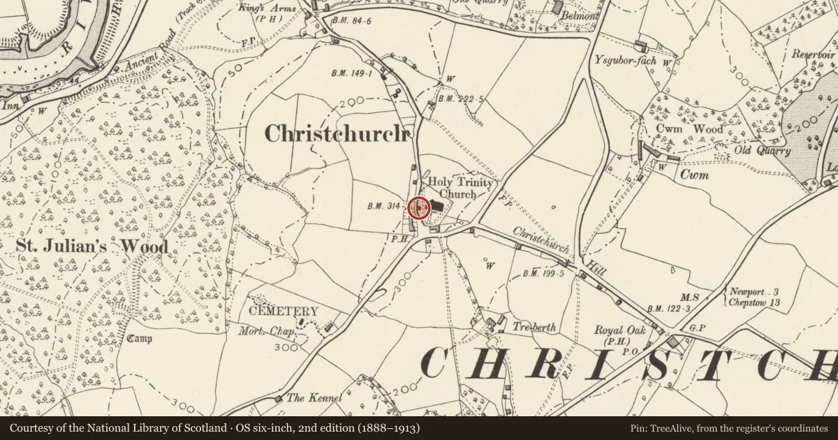 Ordnance Survey six-inch map, 2nd edition (1888–1913) covering the location of Monument of Willmett and Darvel in the Churchyard of the Church of the Holy Trinity, Caerleon, Newport, with a pin at the register's coordinates