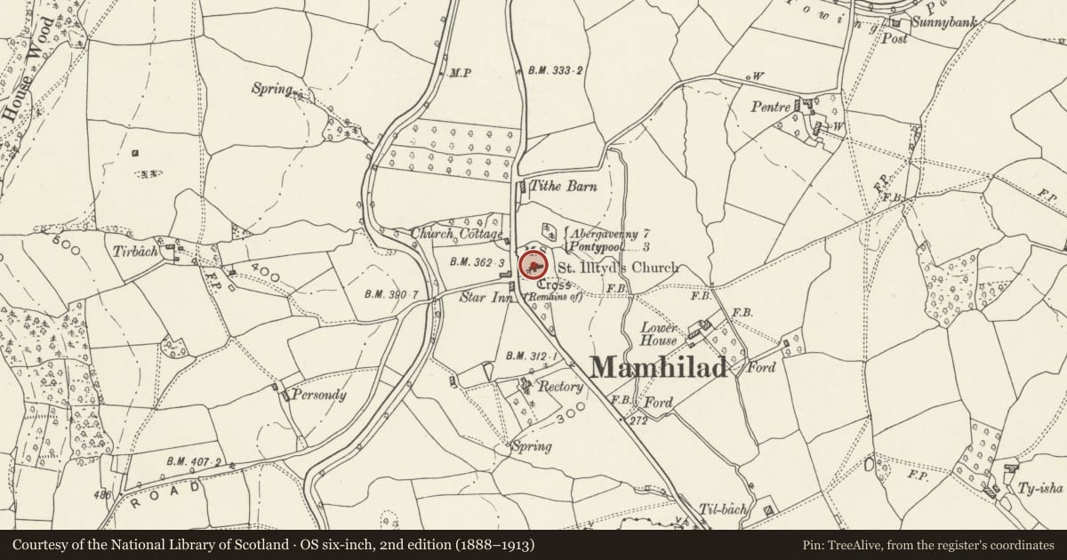 Ordnance Survey six-inch map, 2nd edition (1888–1913) covering the location of Church of St Illtyd, Goetre Fawr, Monmouthshire, with a pin at the register's coordinates