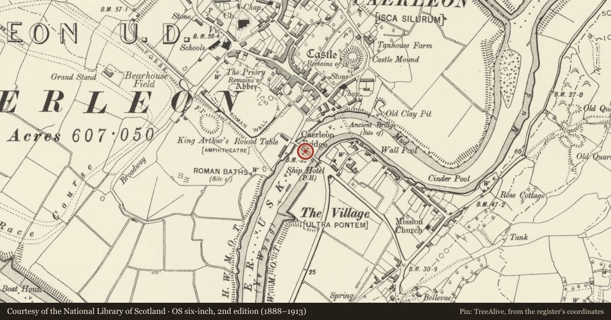 Ordnance Survey six-inch map, 2nd edition (1888–1913) covering the location of Caerleon Bridge, Newport, with a pin at the register's coordinates