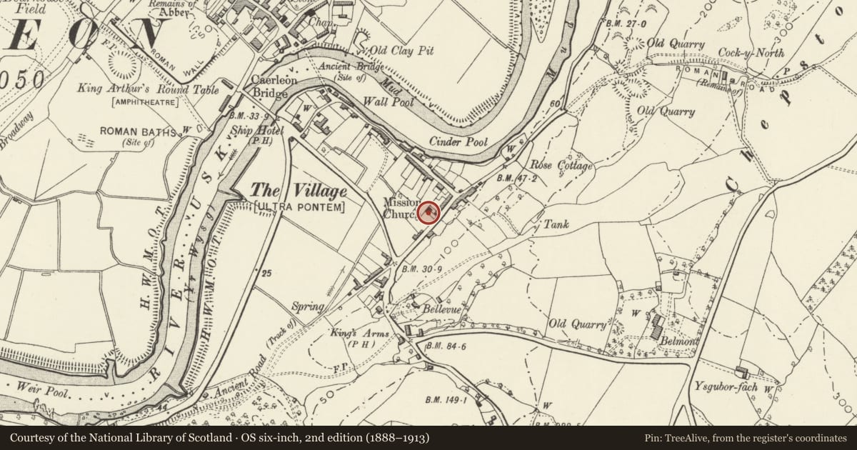 Ordnance Survey six-inch map, 2nd edition (1888–1913) covering the location of Church of the Holy Spirit, Caerleon, Newport, with a pin at the register's coordinates