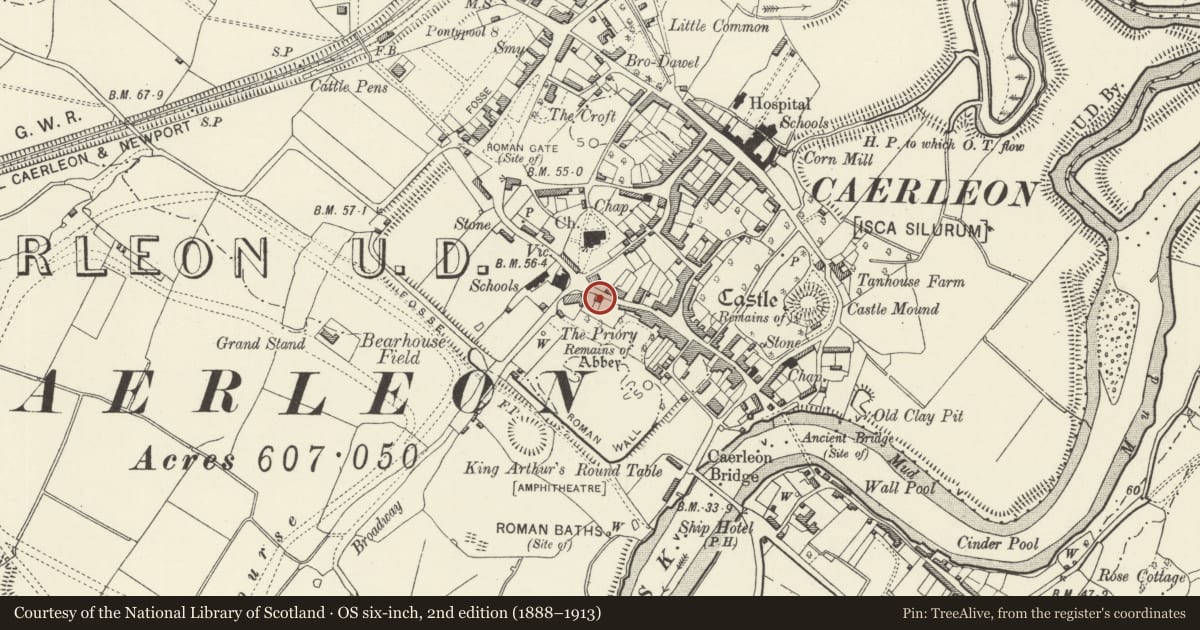 Ordnance Survey six-inch map, 2nd edition (1888–1913) covering the location of 35 High Street, Caerleon, Newport, with a pin at the register's coordinates