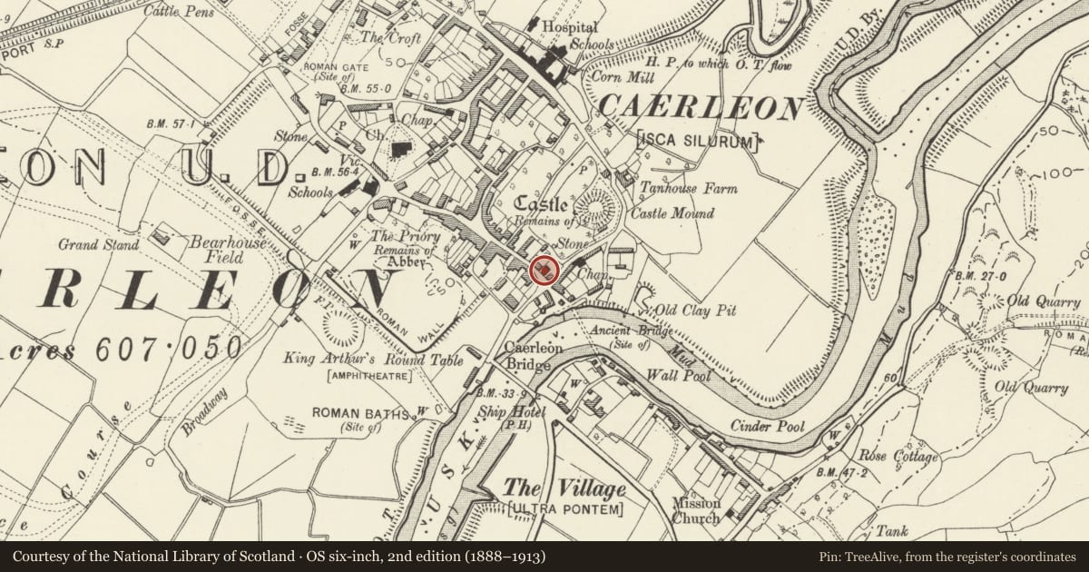 Ordnance Survey six-inch map, 2nd edition (1888–1913) covering the location of Catholic Church of Ss Julius, Aaron & David, Caerleon, Newport, with a pin at the register's coordinates