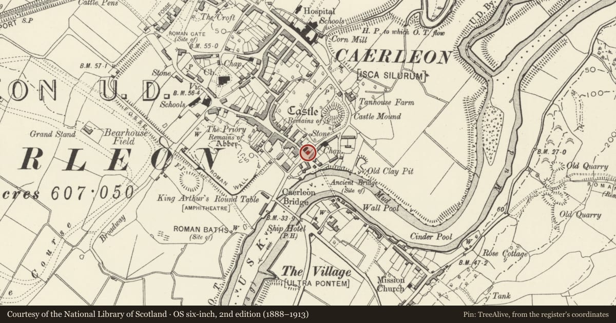 Ordnance Survey six-inch map, 2nd edition (1888–1913) covering the location of The Priest's House with attached wall and gates, Caerleon, Newport, with a pin at the register's coordinates