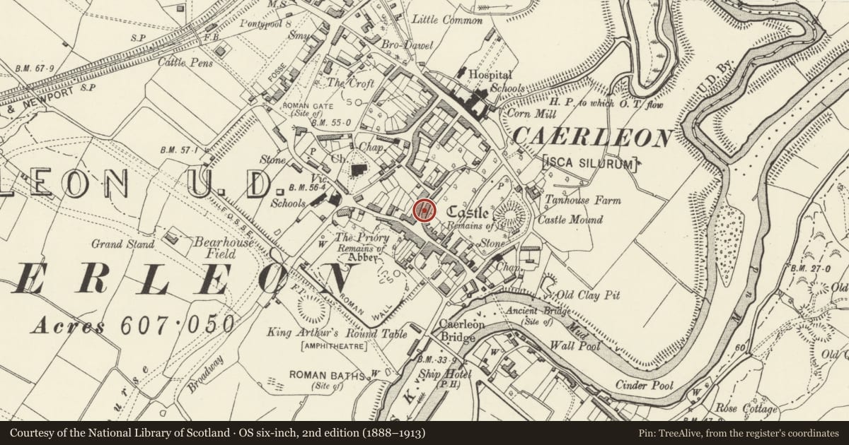 Ordnance Survey six-inch map, 2nd edition (1888–1913) covering the location of Pendragon House, Caerleon, Newport, with a pin at the register's coordinates