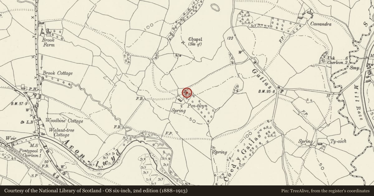 Ordnance Survey six-inch map, 2nd edition (1888–1913) covering the location of Barn at Pen-twyn Farm, Caerleon, Newport, with a pin at the register's coordinates