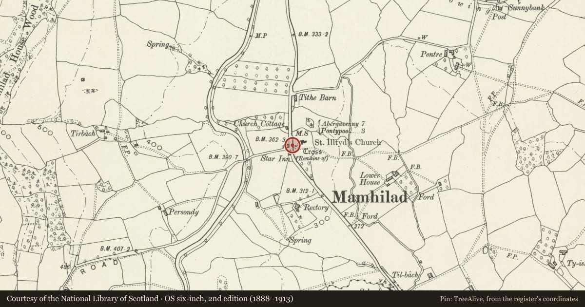 Ordnance Survey six-inch map, 2nd edition (1888–1913) covering the location of West wall to churchyard of Church of St Illtyd with stile, gatepiers and postbox, Goetre Fawr, Monmouthshire, with a pin at the register's coordinates