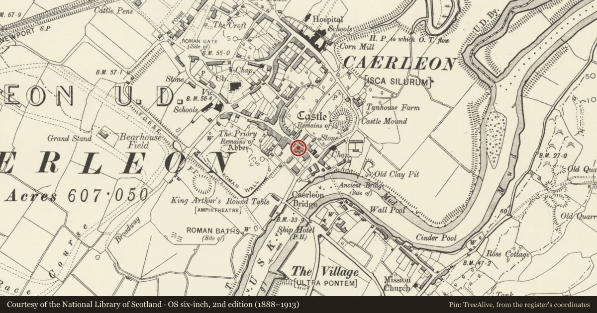 Ordnance Survey six-inch map, 2nd edition (1888–1913) covering the location of 25 High Street, Caerleon, Newport, with a pin at the register's coordinates