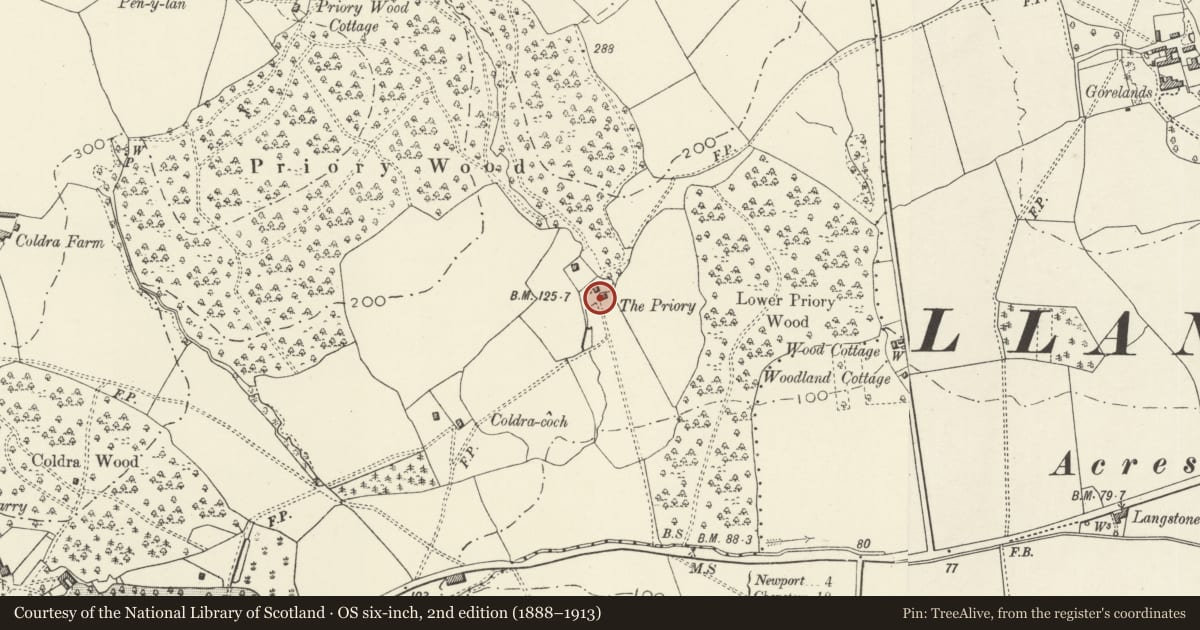 Ordnance Survey six-inch map, 2nd edition (1888–1913) covering the location of Barn at Priory Farm, Caerleon, Newport, with a pin at the register's coordinates