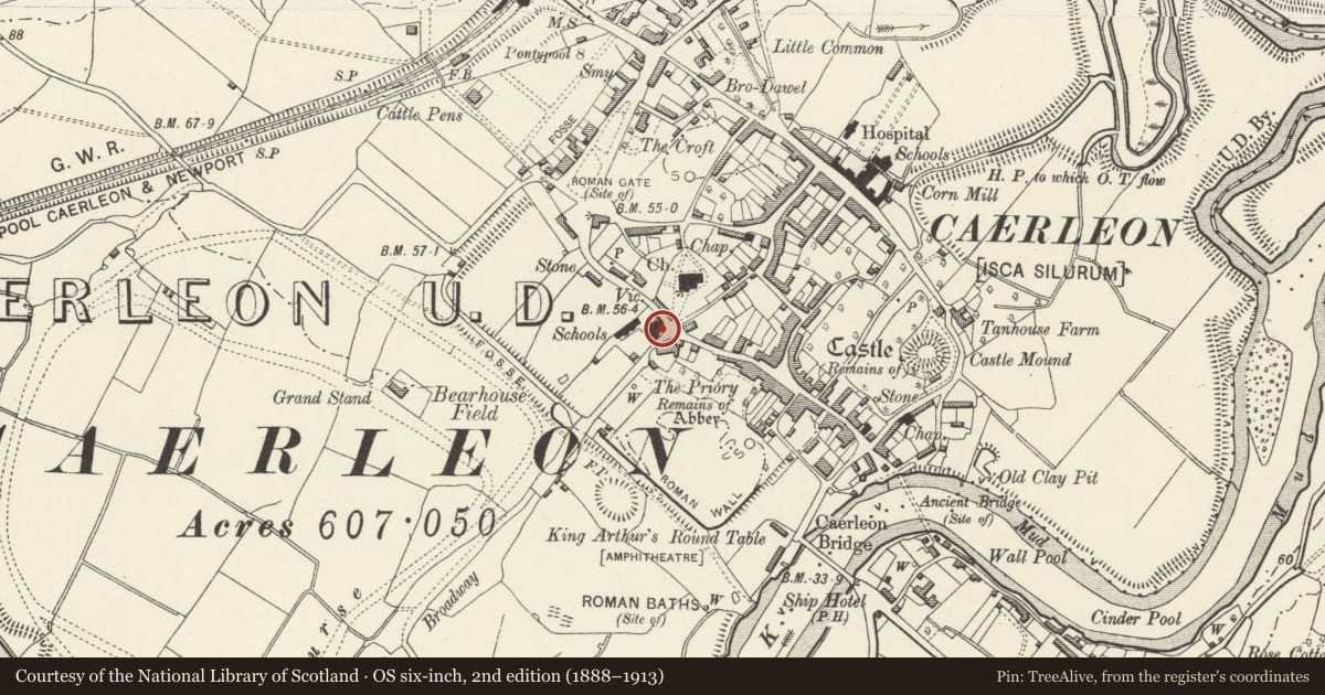 Ordnance Survey six-inch map, 2nd edition (1888–1913) covering the location of Entrance gates and railings of The Endowed School, Caerleon, Newport, with a pin at the register's coordinates