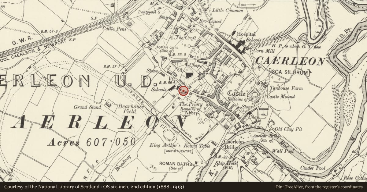 Ordnance Survey six-inch map, 2nd edition (1888–1913) covering the location of Entrance gates and railings of Priory House, Caerleon, Newport, with a pin at the register's coordinates