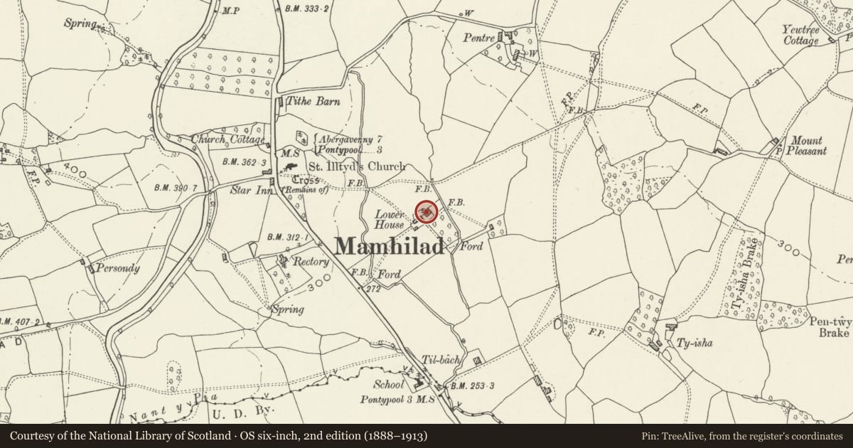 Ordnance Survey six-inch map, 2nd edition (1888–1913) covering the location of Lower House Farmhouse, Goetre Fawr, Monmouthshire, with a pin at the register's coordinates