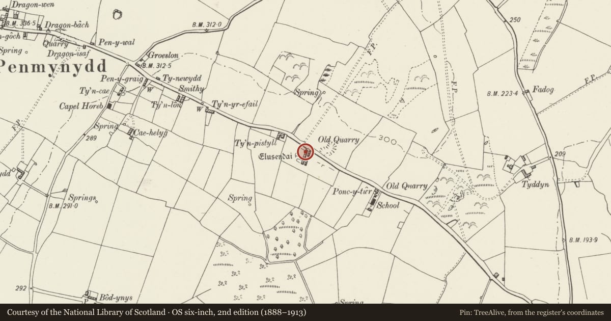 Ordnance Survey six-inch map, 2nd edition (1888–1913) covering the location of Lewis Rogers Almshouses, Penmynydd, Isle of Anglesey, with a pin at the register's coordinates