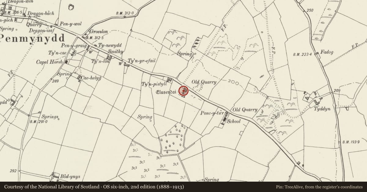 Ordnance Survey six-inch map, 2nd edition (1888–1913) covering the location of Lewis Rogers Almshouses, Penmynydd, Isle of Anglesey, with a pin at the register's coordinates