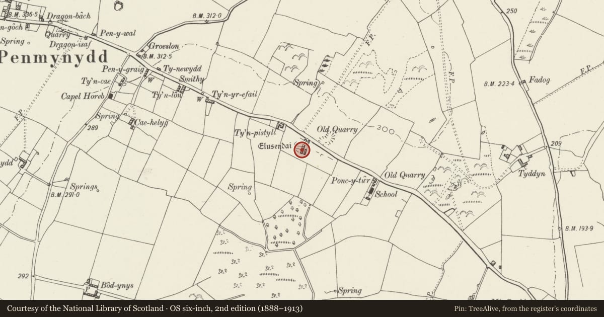 Ordnance Survey six-inch map, 2nd edition (1888–1913) covering the location of Lewis Rogers Almshouse, Penmynydd, Isle of Anglesey, with a pin at the register's coordinates