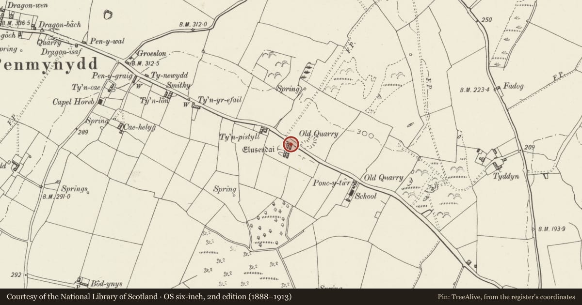 Ordnance Survey six-inch map, 2nd edition (1888–1913) covering the location of Lewis Rogers Almshouses outbuilding range (N), Penmynydd, Isle of Anglesey, with a pin at the register's coordinates