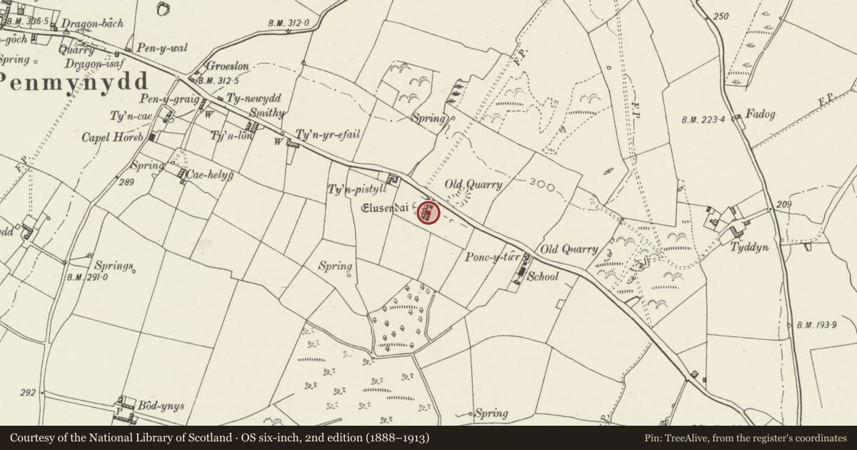 Ordnance Survey six-inch map, 2nd edition (1888–1913) covering the location of Lewis Rogers Almhouses outbuilding range (S), Penmynydd, Isle of Anglesey, with a pin at the register's coordinates