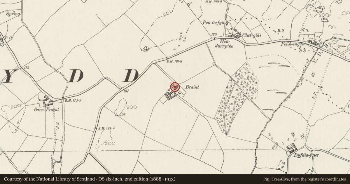 Ordnance Survey six-inch map, 2nd edition (1888–1913) covering the location of Braint, Penmynydd, Isle of Anglesey, with a pin at the register's coordinates
