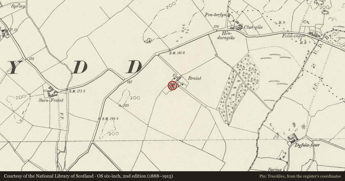Ordnance Survey six-inch map, 2nd edition (1888–1913) covering the location of Agricultural range at Braint, Penmynydd, Isle of Anglesey, with a pin at the register's coordinates