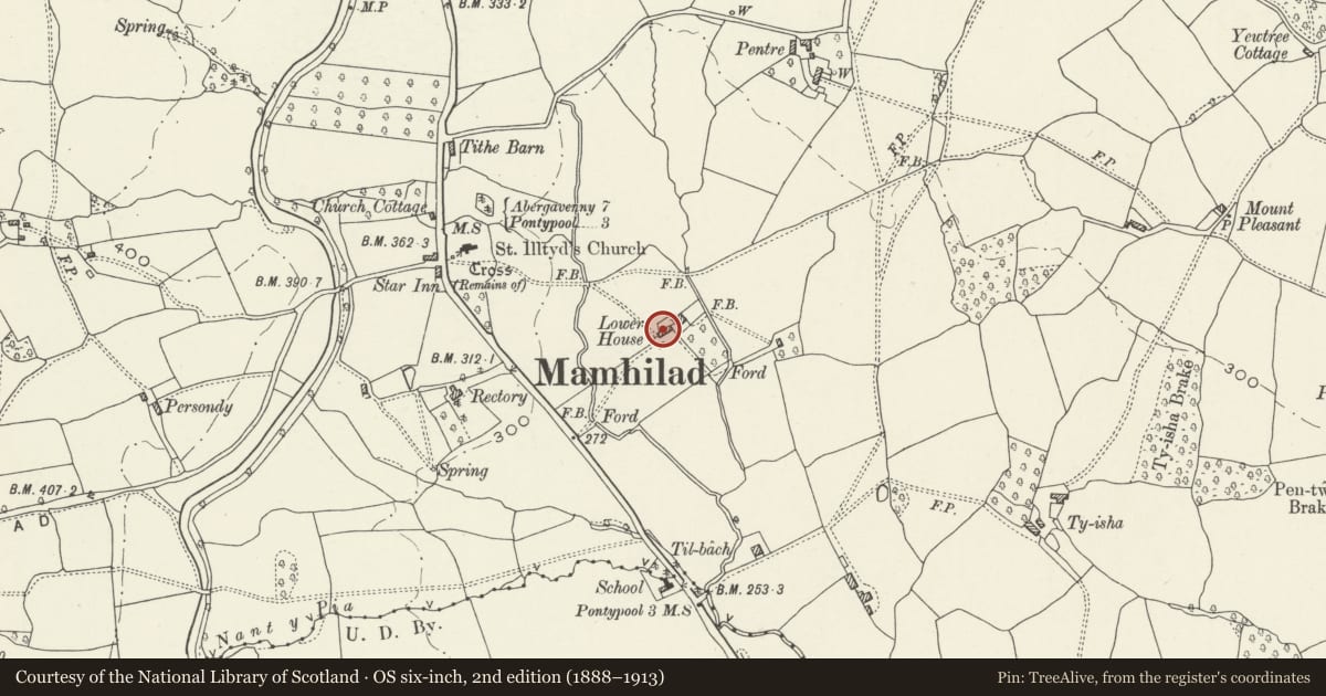 Ordnance Survey six-inch map, 2nd edition (1888–1913) covering the location of Barn at Lower House Farm, Goetre Fawr, Monmouthshire, with a pin at the register's coordinates