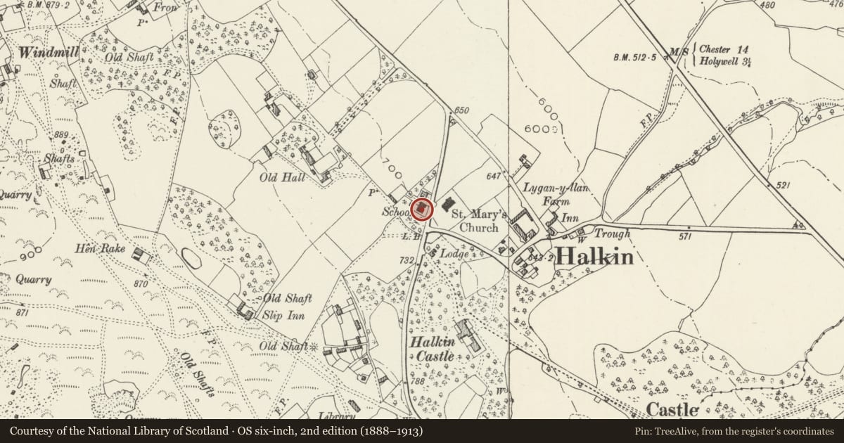 Ordnance Survey six-inch map, 2nd edition (1888–1913) covering the location of Old Church School, Halkyn, Flintshire, with a pin at the register's coordinates