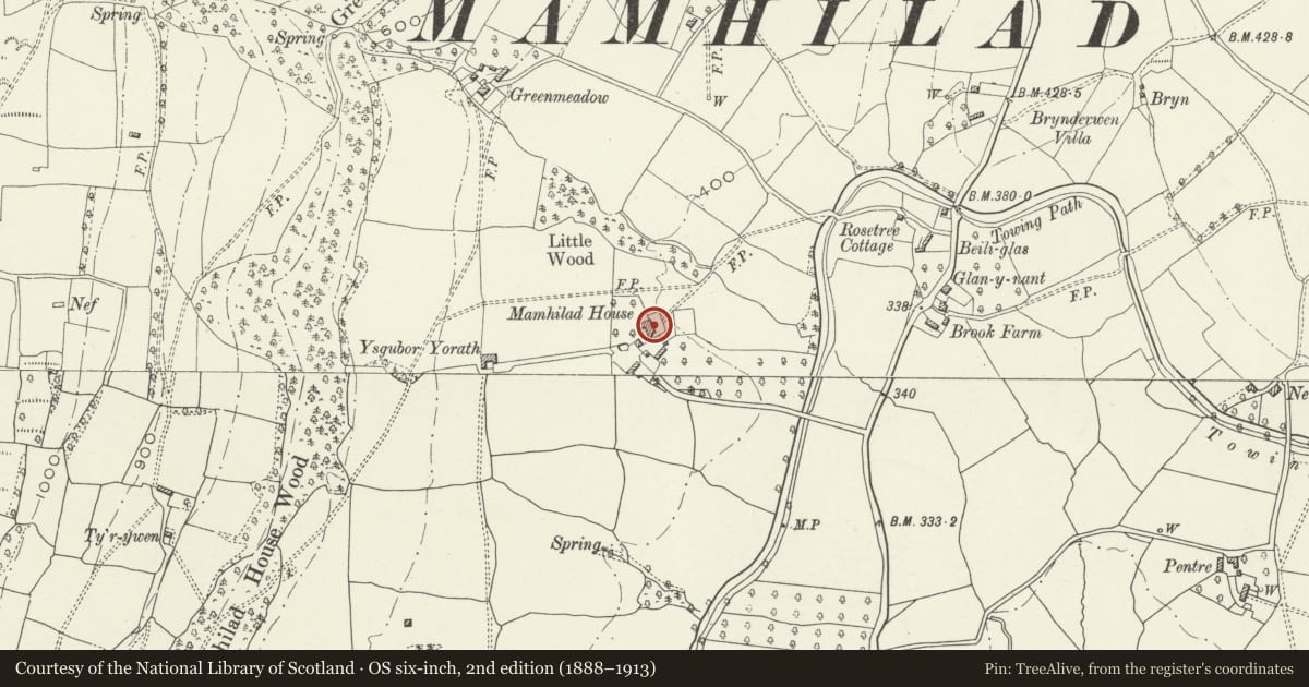 Ordnance Survey six-inch map, 2nd edition (1888–1913) covering the location of Mamhilad House Farmhouse, Goetre Fawr, Monmouthshire, with a pin at the register's coordinates
