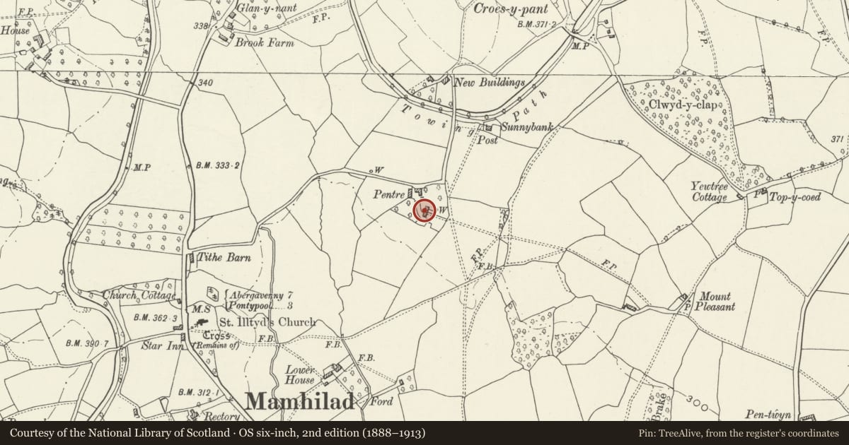 Ordnance Survey six-inch map, 2nd edition (1888–1913) covering the location of Pentre House, Goetre Fawr, Monmouthshire, with a pin at the register's coordinates