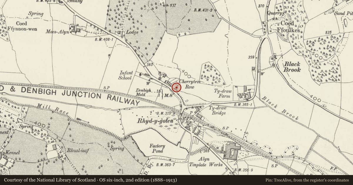 Ordnance Survey six-inch map, 2nd edition (1888–1913) covering the location of 1 Red Houses, Halkyn, Flintshire, with a pin at the register's coordinates