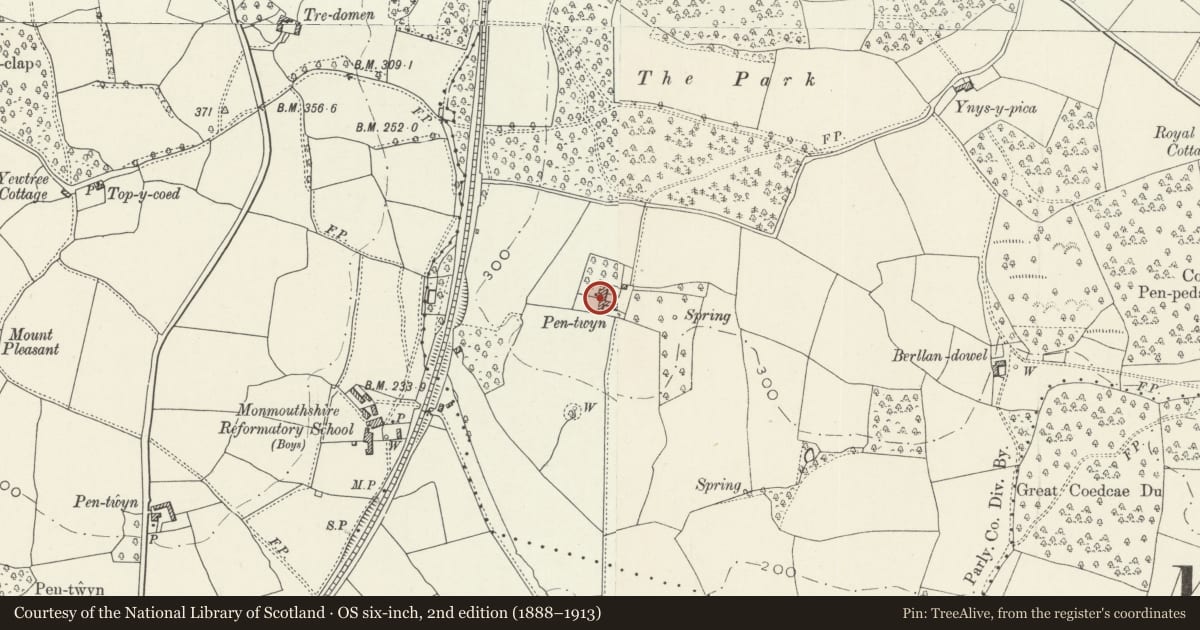 Ordnance Survey six-inch map, 2nd edition (1888–1913) covering the location of Pentwyn Farmhouse, Llanbadoc, Monmouthshire, with a pin at the register's coordinates
