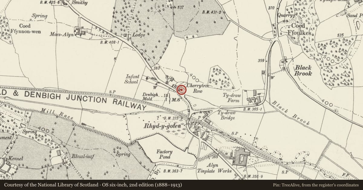 Ordnance Survey six-inch map, 2nd edition (1888–1913) covering the location of 4 Red Houses, Halkyn, Flintshire, with a pin at the register's coordinates