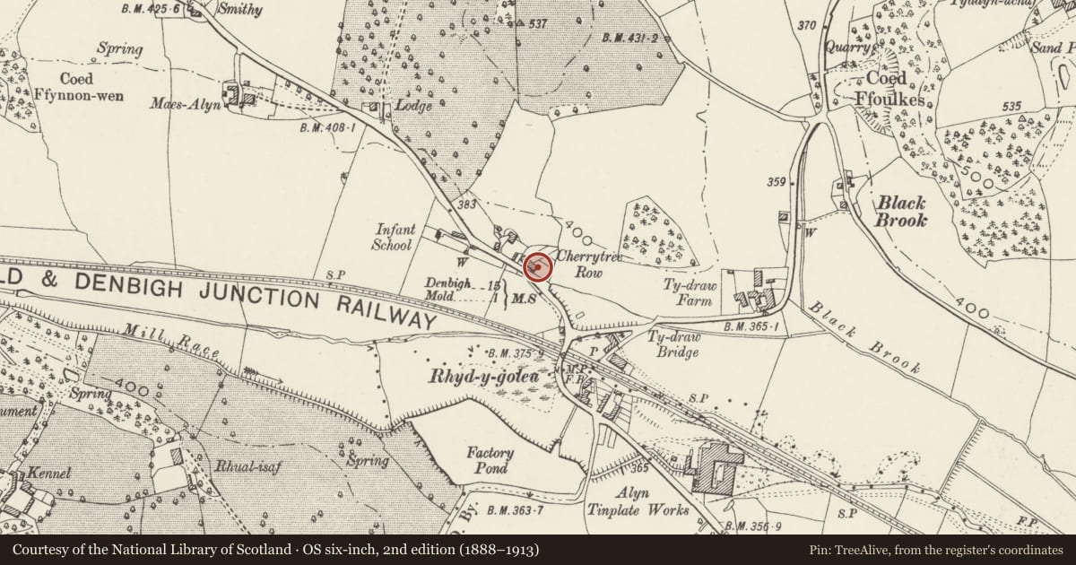 Ordnance Survey six-inch map, 2nd edition (1888–1913) covering the location of 5 Red Houses, Halkyn, Flintshire, with a pin at the register's coordinates