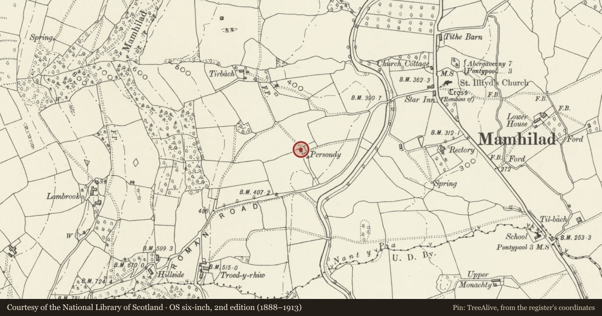 Ordnance Survey six-inch map, 2nd edition (1888–1913) covering the location of Persondy, Goetre Fawr, Monmouthshire, with a pin at the register's coordinates