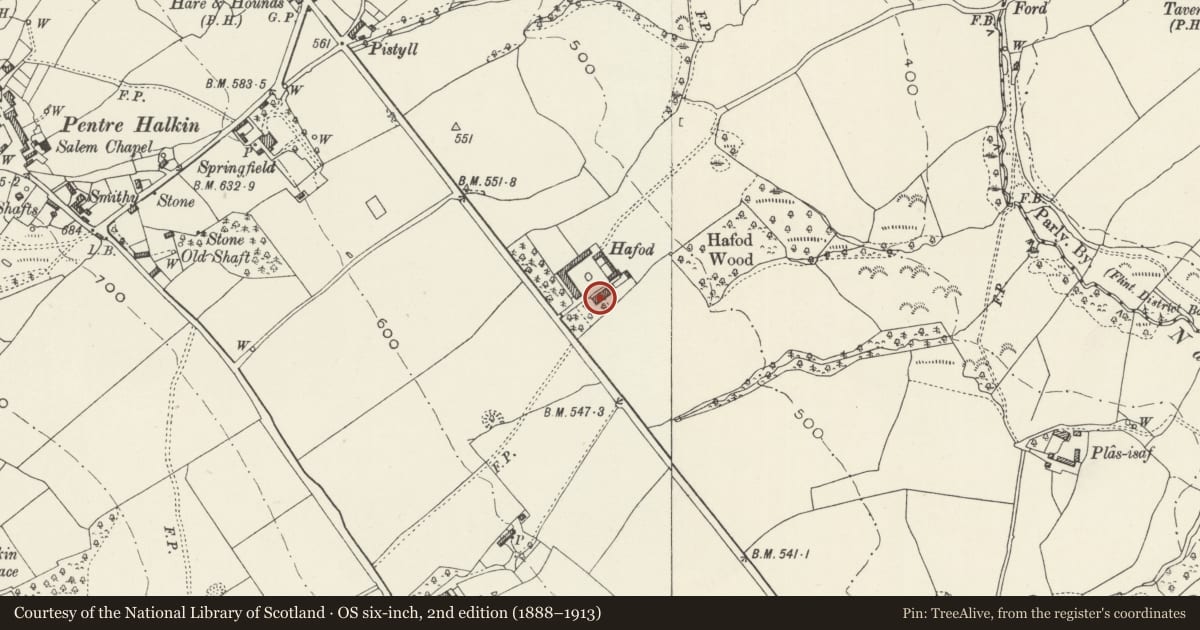 Ordnance Survey six-inch map, 2nd edition (1888–1913) covering the location of Hafod Farmhouse, Halkyn, Flintshire, with a pin at the register's coordinates