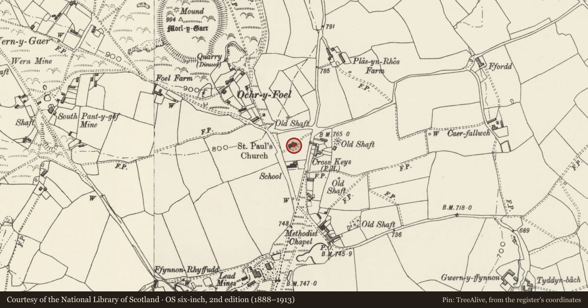 Ordnance Survey six-inch map, 2nd edition (1888–1913) covering the location of Church of St Paul, Halkyn, Flintshire, with a pin at the register's coordinates